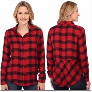 Lucky  Brand Cloud Soft Checked Button Down Boyfriend Shirt Red & Black Large